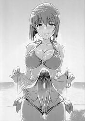 bikini dickgirl futanari hagiwara_yukiho highres huge_cock idolmaster intersex momo_no_suidou-sui monochrome penis short_hair solo_futa swimsuit uncensored