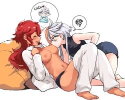 2girls baby black_panties black_pants black_shirt black_tank_top black_tanktop blush blush_lines blushed blushing blushing_female breast_size_difference breast_sucking breastfeeding breasts_out breasts_size_difference closed_eyes clothes_pull couple english_text eyes_closed eyes_open eyes_opened grey_hair gundam gundam_suisei_no_majo happy headpat holding_head jacket jacket_partially_removed kindness lesbian lesbians love medium_breasts miorine_rembran mitsu_(tendou_itsuki) mouth mouth_open mouth_opened multiple_girls open_clothes open_eyes open_jacket open_mouth opened_mouth panties pants pants_around_knees pants_down pants_pull red_hair shirt short_hair simple_background small_breasts suletta_mercury tank_top tanktop thick_eyebrows tied_hair white_hair wife_and_wife yuri