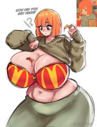 1girls alternate_body_type alternate_breast_size big_breasts bikini bob_cut breasts busty cueilhu_sensei curvaceous curvy curvy_body curvy_female curvy_figure english english_text female french_fries huge_breasts large_breasts mcdonald's milf mom_(japanese_mcdonald's_commercial) mother orange_hair oversized_breasts reference_image text voluptuous wide_hips yoru_mac