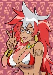 1girls big_breasts bikini brown_eyes chiok countryhumans countryhumans_girl dark-skinned_female dark_skin female female_only latina peru_(countryhumans) peruvian_female peruvian_flag_bikini red_and_white_hair tongue_out waifu