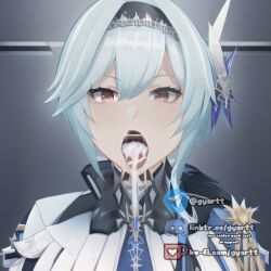 ai_generated blue_hair cum cum_in_mouth cum_inside cum_on_face cumshot cumshot_in_mouth dripping dripping_cum eula_(genshin_impact) genshin_impact mommy mouth_gag open_mouth red_eyes tongue tongue_out