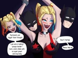 batman big_breasts blonde_hair bodyswap booty_shorts breast_grab breast_grope breasts bruce_wayne copycattsf dc dc_comics dialogue female female_only gender_bender gender_transformation genderbent genderswap_(mtf) harleen_quinzel harley_quinn highlights identity_death male_to_female mind_control rule_63 skin_tight snah182 twintails