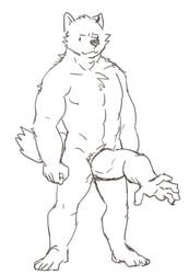 :3 absurd_res anthro biped black_and_white body_horror canine chest_tuft dot_eyes feet hi_res humor looking_at_viewer male male_only mammal monochrome muscular muscular_male nude penis royalsobatya simple_background sketch smile solo standing tuft unusual_penis what white_background