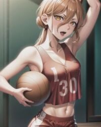 ai_generated basketball basketball_court basketball_uniform chainsaw chainsaw_man cute_face male power_(chainsaw_man) standing