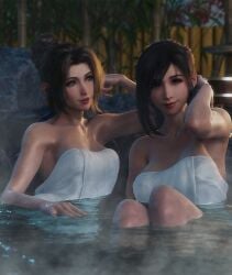 2girls 3d 3d_(artwork) aerith_gainsborough bamboo black_hair blender breasts brown_hair earrings evening female female_only final_fantasy final_fantasy_vii final_fantasy_vii_rebirth final_fantasy_vii_remake green_eyes hair_bun highres hot_spring large_breasts long_hair looking_at_another looking_at_viewer medium_breasts onsen outdoors red_eyes ria-neearts sidelocks smile tifa_lockhart towel water wet_skin yuri