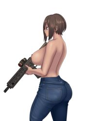 1girls alpha_channel ass assault_rifle back bare_arms bare_back bare_shoulders blue_eyes breasts brown_hair curvy dark_skin denim denim_shorts female_only gun heckler_&_koch hips hk416 holding huge_ass huge_breasts human large_breasts legs m27 m416 mature mk001black original ranged_weapon reese_(mk001black) rifle short_hair shorts sideboob simple_background solo solo_female thick_thighs thighs topless weapon white_background