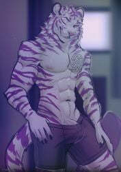 anthro bottomwear bulge clothing erection erection_under_clothing felid genitals hi_res looking_at_viewer male male_only mammal muscular muscular_anthro one_eye_closed pantherine penis penis_base solo tarin_nailo tiger wink winking_at_viewer zempy3