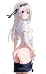 1girls absurd_res ass ass_focus blue_eyes blush blushing_at_viewer breasts coro_fae embarrassed female female_only gym_uniform hair_ornament hi_res highres human kaguya-sama_wa_kokurasetai_~tensai-tachi_no_renai_zunousen~ light-skinned_female light_skin looking_at_viewer no_panties petite_breasts petite_female schoolgirl shirogane_kei silver_hair simple_background simple_shading slender_waist slim_waist small_breasts solo straight_hair thighs thin_waist white_background white_hair