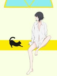 1girls black_cat black_hair bleach bleach:_the_thousand-year_blood_war feet female female_only girl_only legs shihouin_yoruichi shirt_only short_hair small_breasts soifon toes white_shirt