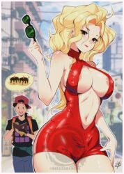 1boy 1girls blonde_hair brown_eyes busty cleavage delux_drawings erect_nipples female female_focus golden_boy hourglass_figure kintaro_oe madame_president makeup male tagme wide_hips