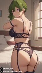 ai_generated ass bedroom bra garter_belt green_hair gumi_arts indoors lingerie looking_back panties purple_eyes side_ponytail sousou_no_frieren stable_diffusion stockings ubel_(sousou_no_frieren) wide_hips