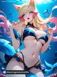 ahri ai_assisted ai_generated air_bubble animal_ears aqua_nails artist_name bangs bare_shoulders bikini bikini_skirt black_bikini blonde_hair blue_bikini blue_eyes blue_nails blush breasts bubble choker cowboy_shot day facial_mark female fingernails fish fox_ears highleg highleg_bikini large_breasts long_fingernails long_hair looking_at_viewer multicolored_hair nail_polish navel ocean open_mouth patreon_username pink_nails red_nails solo splashing swimsuit underwater vastaya water water_drop wet whisker_markings