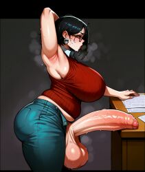 ai_generated black_hair black_haired_futa chubby futanari huge_breasted_futa huge_breasts huge_cock sweat sweating sweaty_balls teacher veiny_penis venus_body venus_futa