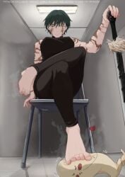 dark_hair defeated dominant_female feet femdom fit_female foot_focus foot_worship from_below happy happy_sub jujutsu_kaisen masochism sadism scars_all_over short_hair_female smirking steamy steamy_feet stepped_on stepping_on_face sweaty sweaty_feet tight_clothing toes tomboy trample trampling zenin_maki