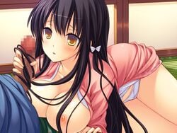 1boy black_hair blue_shirt blush breasts breasts_out censored cocoa_(cafe-hotcocoa) female game_cg hairjob hakoiri_musume_~muku_na_shoujo_wa_shiroku_somaru~ karasunomiya_asuka_(cocoa) large_breasts long_hair mosaic_censoring nipples original panties penis penis_grab pink_shirt raised_eyebrows shirt straight underwear white_panties yellow_eyes