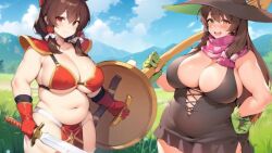 1girls 2girls ai_generated armor bikini_armor breasts brown_eyes brown_hair cookie_(touhou) fat hakurei_reimu hat kanna_(cookie) large_breasts long_hair multiple_girls naked_tabard nucky☆ red_eyes reimu_hakurei reu_(cookie) scarf shield sword tabard touhou weapon wizard_hat