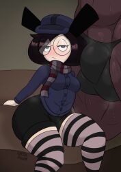 1boy 1girls ass ass_visible_through_thighs ball_bulge big_breasts black_hair box_(captainkirb) dark_skin female glasses male penis shortstack steam sweat thick_thighs thighhighs thighs ursamoon