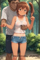 1boy ahoge ai_generated asymmetrical_hair bangs bare_arms bare_shoulders black_hair blue_shorts blush breast_grab breasts brown_eyes brown_hair clavicle closed_mouth clothing dark_skin day denim denim_shorts dolphin_shorts eyebrows eyebrows_visible_through_hair faceless faceless_male female forest grabbing groping hair_between_eyes hair_ornament hair_scrunchie high_resolution index_finger_raised large_breasts large_filesize long_hair looking_at_viewer male medium_breasts midriff nature navel nipples no_bra one-piece_tan outdoors pants pantsu ponytail scrunchie see-through shirt short_hair short_shorts short_sleeves shorts side-tie_panties side_ponytail sleeveless smile standing straight sweat tank_top tanlines tanned tied_hair tree underwear very_high_resolution watermark wet wet_clothes white_shirt white_tank_top