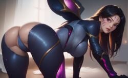 1girls ai_generated ass ass_focus big_breasts kai'sa league69 long_hair looking_at_viewer looking_back purple_eyes side_view