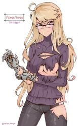 alma_armas anime anime_style breasts cyborg glasses rasen_manga ripped_clothing robotic_arm sweater va-11_hall-a