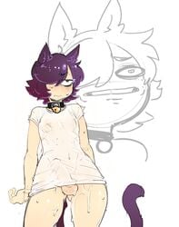 1boy animal_ears annoyed bell blush bulge cat_ears cat_tail collar depressed erection femboy frown hair_over_one_eye jingle_bell kuro_(senatorwong) looking_at_viewer male male_focus male_only medium_penis navel original penis purple_hair red_eyes see-through senatorwong shirt sketch solo standing tail testicles uncensored wavy_mouth wet wet_clothes wet_shirt white_background wide_hips