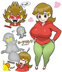 1boy 1girls 5-volt 9-volt astral_projection breasts brown_eyes brown_hair cfnm clothed clothing demon_face demon_girl demon_horns drooling female ghost green_legwear green_pants huge_breasts human indoors looking_at_viewer mario_(series) milf nintendo red_shirt red_sweater scary_face smile thick_thighs thighs wario_(series) warioware warioware_gold yellow_hairclip