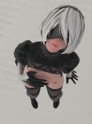 1boy 1girls 2boys aftonskyy anime anime_style ass big_ass big_breasts black_dress breasts catgirl cum drakengard female furry jerking male nier:_automata sex small_breasts white_hair yorha_2b