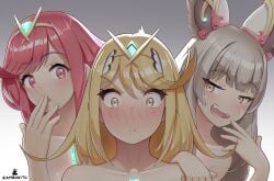 3girls artist_signature bare_shoulders blush blushing_at_viewer catgirl cock_shock core_crystal cute_fang embarrassed female female_only girlfriends hearts_in_eyes implied_penis impressed mythra nia_(blade) nia_(xenoblade) nice_cock_bro nintendo penis_awe pout pyra smug surprised tagme topless trio xenoblade_(series) xenoblade_chronicles_2 zambonito