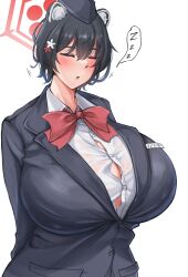 1girls animal_ears big_breasts black_hair blue_archive bowtie breasts busty closed_eyes curvaceous curvy curvy_body curvy_female curvy_figure female huge_breasts large_breasts minori_(user_eket5233) red_bowtie tsubaki_(blue_archive) voluptuous