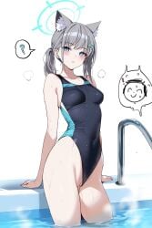 animal_ear_fluff animal_ears artistic_error ateoyh blue_archive blue_eyes breasts clothing_aside competition_swimsuit covered_navel covered_nipples doodle_sensei_(blue_archive) exposed_pussy extra_ears female grey_hair hair_ornament halo highres official_alternate_costume one-piece_swimsuit pussy sensei_(blue_archive) shiroko_(blue_archive) shiroko_(swimsuit)_(blue_archive) small_breasts swimsuit swimsuit_aside thighs uncensored wardrobe_malfunction wet wolf_ears