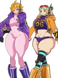 artist_request belly big_breasts blonde_hair bodysuit edit enormous_breasts female female_only huge_ass huge_breasts huge_thighs multiple_girls one_piece panties thick_thighs thighhighs thighs vegapunk_lilith vegapunk_york wide_hips