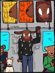 2026 ambiguous_gender anthro black_clothing black_sweater black_topwear blue_bottomwear blue_clothing blue_pants blush bodily_fluids bottomwear brown_body brown_fur canid canine canis clothing colored comic cum cum_on_clothing cum_on_hand domestic_dog english_text erection erection_under_clothing feral flat_colors fur genital_fluids group lagomorph leporid male mammal neck_tuft nervous pants public public_transportation qwaxi~lixard rabbit sitting standing sweater text topwear train tuft vehicle