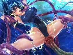 asphyxiation bangs bare_legs bare_shoulders barefoot behind blue_hair bound breasts bubbles cameltoe closed_mouth covered_navel creature curvy drowning erect_nipples female fingernails game_cg green_eyes hands head highres igawa_asagi kagami_hirotaka ladder large_breasts lilith-soft long_hair looking_at_viewer official_art one-piece_swimsuit parted_lips partially_visible_vulva pool rape restrained school shiny shiny_skin smile solo spread_legs swimsuit taimanin_(series) taimanin_asagi taimanin_asagi_zero tentacle thighs underwater water wet wet_clothes wet_skin wrapped