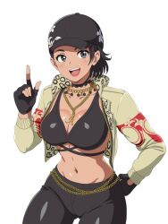 1girls alternate_costume azucena_milagros_ortiz_castillo bandai_namco big_breasts black_hair bra breasts cap cleavage core_rincon curvy curvy_female female female_only fingerless_gloves gloves gray_eyes jacket latina looking_at_viewer midriff namco necklace peruvian_female smile solo standing stomach tekken tekken_8 tomboy waist wide_hips