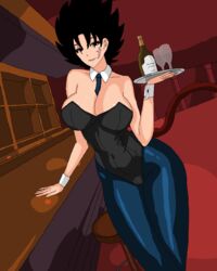 bar big_ass big_breasts black_eyes black_hair bunnysuit dragon_ball dragon_ball_xenoverse original_character pixel_art saiyan saiyan_tail scali scar skin_tight smirk spiky_hair thick_thighs traced waitress