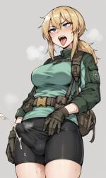 1futa ahe_gao ai_generated annoyed artist_request bike_shorts blonde_hair blue_eyes bulge bulge_through_clothing cum cum_through_clothes cumdrip cumshot ejaculation erection erection_under_clothes erection_under_shorts futa_only futanari gloves hands-free handsfree_ejaculation heavy_breathing military military_clothing musk_clouds ponytail ruined_orgasm shorts solo solo_focus solo_futa sweat tactical_gear teeth tongue_out vesna_(dutchko)