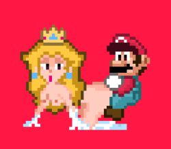 1boy 1girl 1girls all_fours ass_grab baseball_cap blonde_hair breasts completely_nude_female crown doggy_style doggystyle female full_body long_hair male mario mario_(series) muymal nintendo nude_female overalls pixel_art princess_peach red_background sex_slave simple_background straight super_mario_world white_gloves