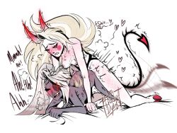 ambiguous_penetration blush blushing_female blushing_profusely breasts charlie_morningstar_(hazbin_hotel) demon demon_girl demon_horns demon_tail femdom femsub girls_only hadysdye hazbin_hotel lesbian_sex nipples strap-on vaggie_(hazbin_hotel) yuri