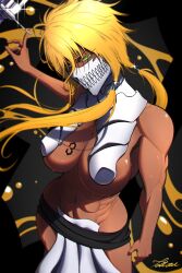 abs absurdres big_breasts bleach breast_tattoo breasts dark-skinned_female dark_skin female highres large_breasts mask muscular muscular_female number number_tattoo revealing_clothes solo tattoo tettora tia_harribel toned underboob voluptuous yellow_hair