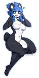 1girls 2023 anthro blue_hair breasts female female_only fur furry green_eyes hi_res no_nipples nude nude_female nuwa_nightstone original panda panda_ears panda_tail short_tail smile solo teranen thick_thighs white_background