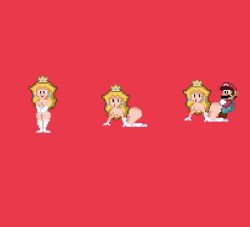 1boy 1girl 1girls all_fours ass_grab baseball_cap blonde_hair breasts completely_nude_female crown doggy_style doggystyle female full_body long_hair male mario mario_(series) muymal nintendo nude_female overalls pixel_art princess_peach red_background sex_slave simple_background straight super_mario_world white_gloves