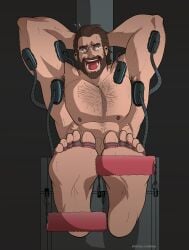 apex_legends arms_behind_head caustic_(apex_legends) chest_hair feet foot_focus gay helpless male_feet male_foot_fetish male_tickling plain_background revealyoursins solo_male sweat tearing_up tickle_fetish tickle_torture tickling tickling_feet tickling_machine