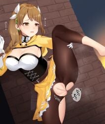 1girls armpits bangs bare_thighs barefoot braid braided_ponytail breasts brick_wall brown_hair cleavage engg female female_only fire_emblem fire_emblem_engage frown gloves goldmary_(fire_emblem) hair_over_shoulder large_breasts leg_grab leg_up legs long_hair long_sleeves nintendo open_mouth outdoors pantyhose pussy side_ponytail skirt solo sound_effects spread_legs standing standing_on_one_leg steaming_body sweat thighs torn_clothes wall yellow_eyes