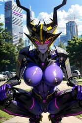 1girls ai_generated airachnid big_breasts breasts city clouds female female_only horns huge_breasts looking_at_viewer outdoors pink_eyes purple_body robot_girl roger1011 smile solo spikes spread_legs thick_thighs transformers transformers_prime