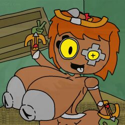 animate_inanimate ass ballista big_areola big_breasts big_nipples boltia_(draconic_devilz) breasts breasts_bigger_than_torso crossbow crosshair crosshair_eyes draconic_devilz gloves green_gloves green_room grey_nipples huge_breasts oc orange_hair original_character robot robot_girl slim_waist tagme weapon wooden_body yellow_eyes