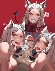 1boy 3girls breasts cerberus_(helltaker) demon dog_ears female helltaker kamidraws male red_eyes tagme white_hair