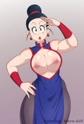 bare_shoulders black_eyes black_hair breasts breasts_out chichi curvy dragon_ball dragon_ball_z female female_focus highres large_breasts looking_at_viewer nipples open_mouth pantyhose solo standing text_focus toshkarts wide_hips