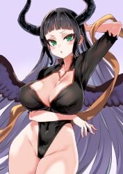 asanagi big_breasts black_dress black_hair black_wings cleavage cleavage_cutout granblue_fantasy green_eyes hand_under_breasts horn horns leotard magus_(granblue_fantasy) thick_thighs wings