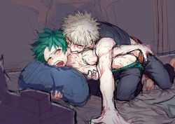 2boys ahe_gao anal anal_sex blonde_hair blush clothing doggy_style flyfish gay green_eyes green_hair izuku_midoriya katsuki_bakugou male_only multiple_boys my_hero_academia orange_eyes spiky_hair tagme yaoi