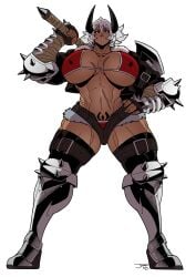 1girls abs absurd_res armor armored_boots armored_gloves bangs belt big_breasts bikini_top boots breasts buta_no_gotoki_sanzoku_ni_torawarete_shojo_o_ubawareru_kyonyuu_himekishi_&_onna_senshi:_zettai_chinpo_nanka_ni_maketari_shinai!!_the_animation cleavage clothing collarbone commission curvy dark-skinned_female dark_skin dated eyelashes female female_focus female_only fingerless_gloves full_body g-string gloves hair_between_eyes hand_on_hip helga_(buta_no_gotoki) highleg_panties holding_object holding_weapon huge_breasts human jonpadraws large_breasts looking_at_viewer looking_down medium_hair muscular muscular_female navel nipple_bulge nipples nipples_visible_through_clothing panties parted_lips red_eyes revealing_clothes scar short_shorts shorts signature simple_background skimpy solo solo_female spiky_hair tattoo teeth thick_thighs thigh_boots thigh_strap thighhighs thighs thong unbuttoned_shorts underboob voluptuous weapon weapon_over_shoulder white_background white_hair